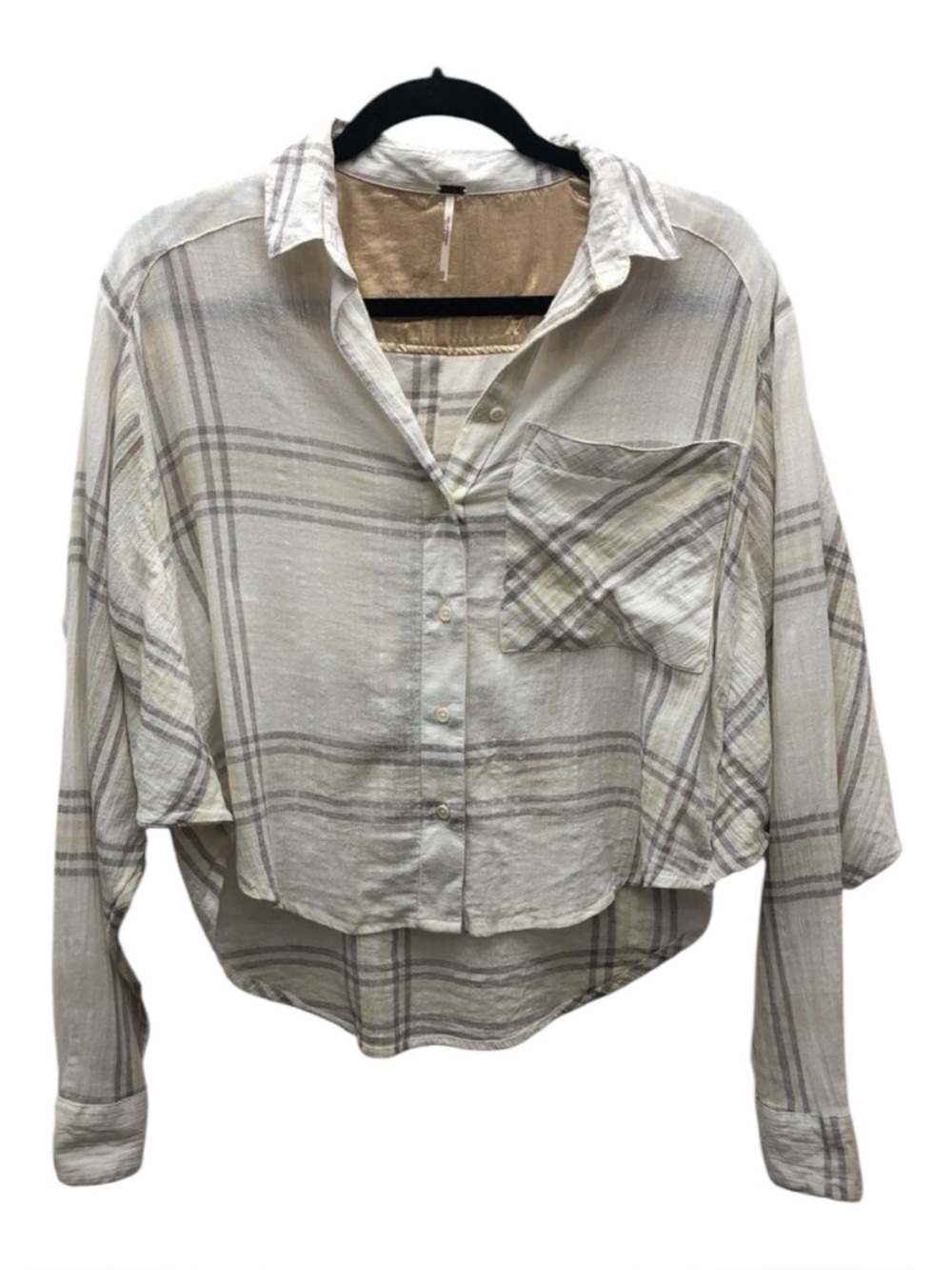 Free People Button Up Shirt Womens XS Beige‎ Plaid Metallic Oversized Boxy Top